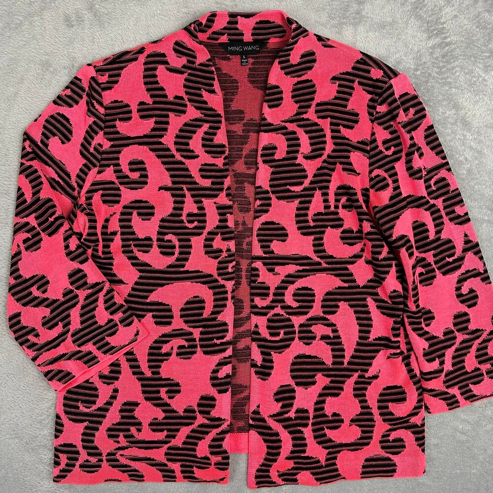 Ming Wang Pink Black Knit Open Front Cardigan Jacket Abstract Art Size Large